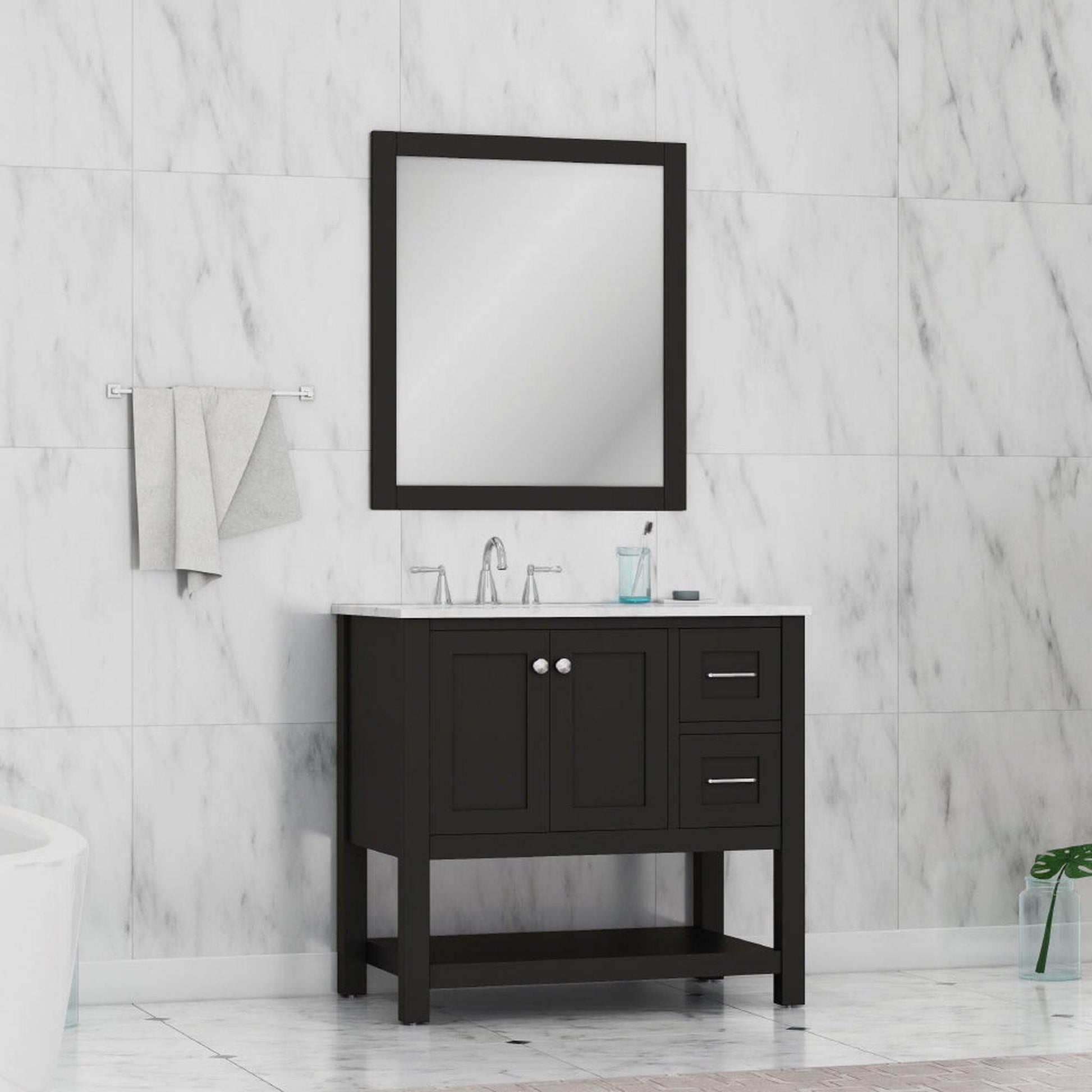 Alya Bath Wilmington 36" Single Espresso Freestanding Bathroom Vanity With Carrara Marble Top, Ceramic Sink and Wall Mounted Mirror