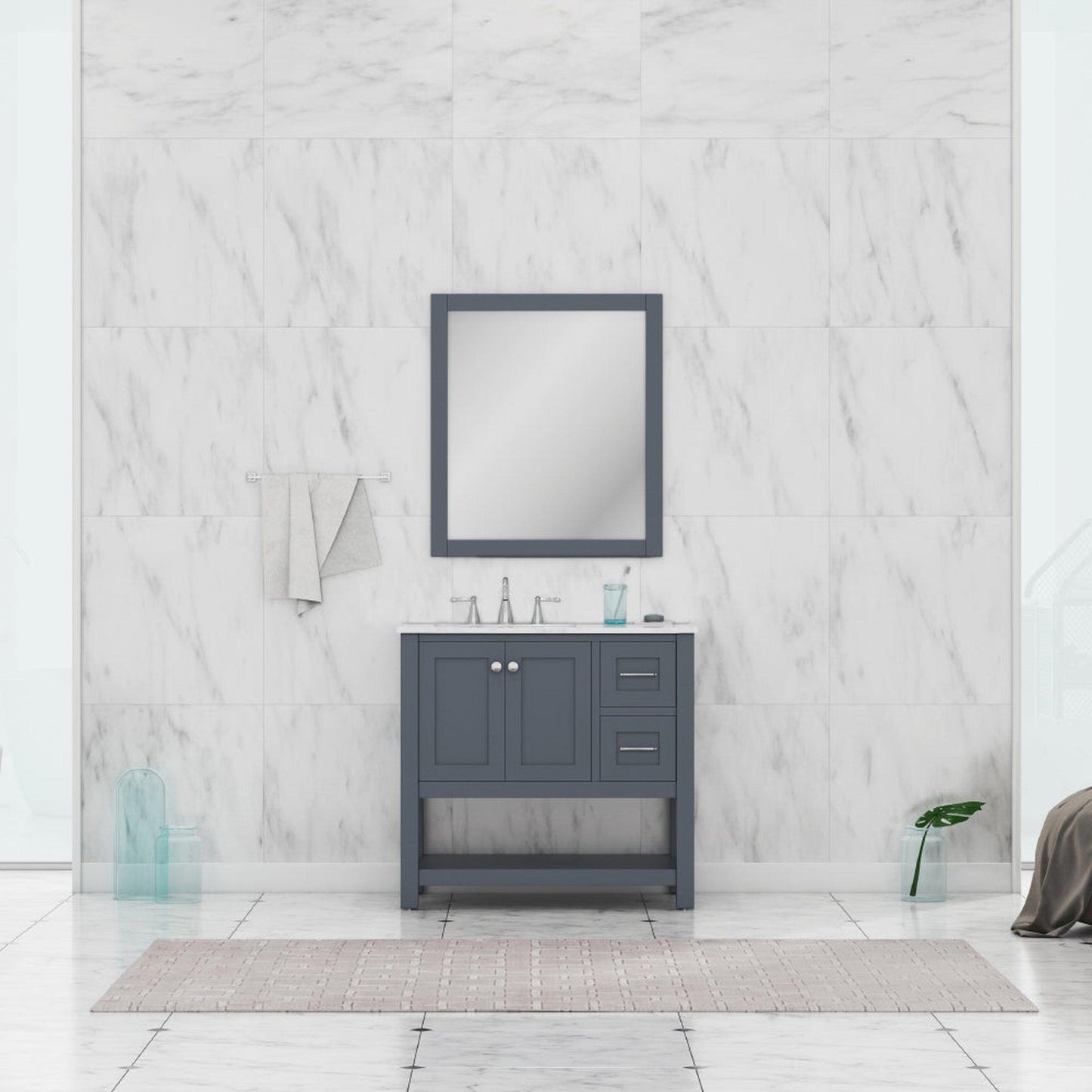 Alya Bath Wilmington 36" Single Gray Freestanding Bathroom Vanity With Carrara Marble Top, Ceramic Sink and Wall Mounted Mirror