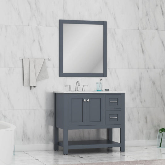Alya Bath Wilmington 36" Single Gray Freestanding Bathroom Vanity With Carrara Marble Top, Ceramic Sink and Wall Mounted Mirror