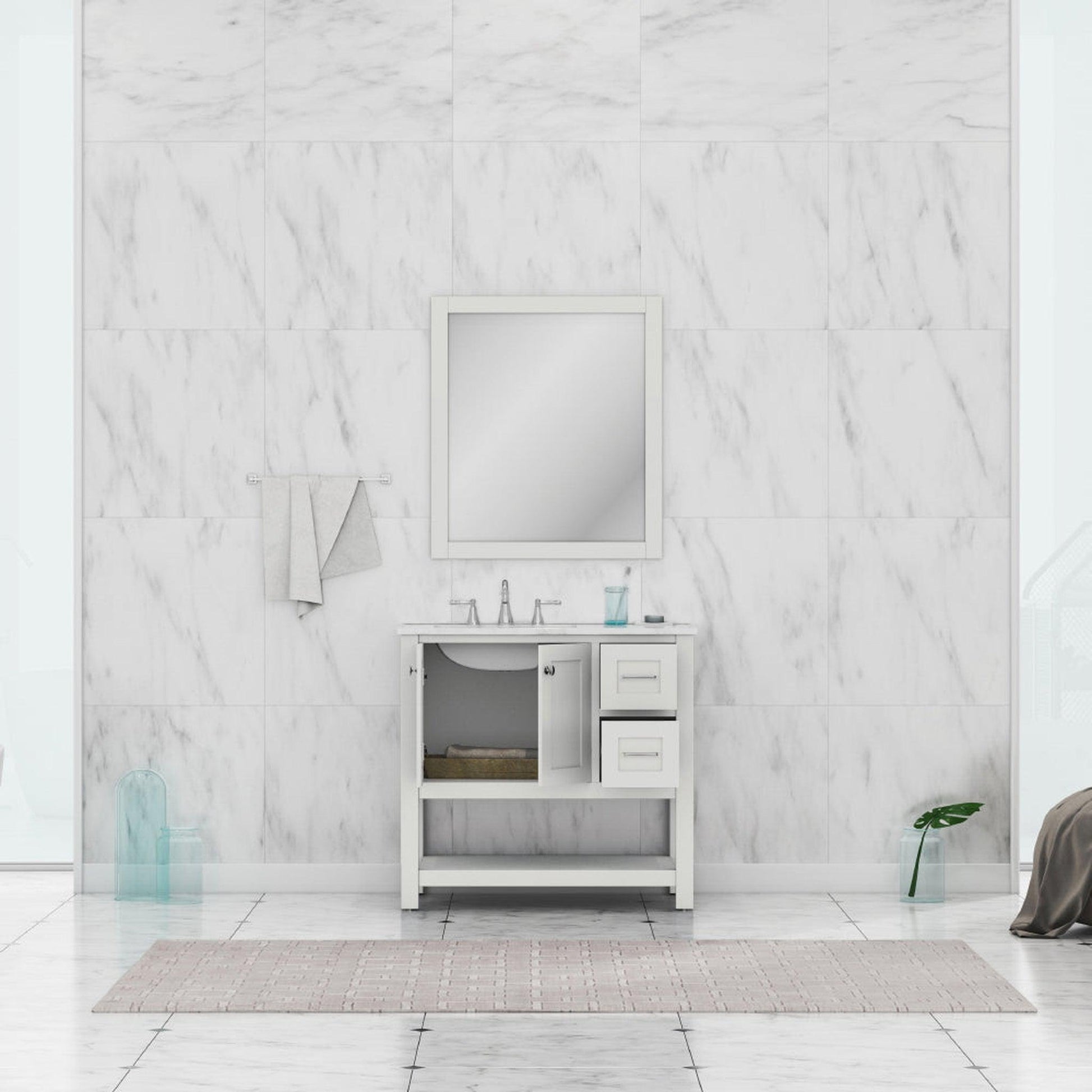 Alya Bath Wilmington 36" Single White Freestanding Bathroom Vanity With Carrara Marble Top, Ceramic Sink and Wall Mounted Mirror