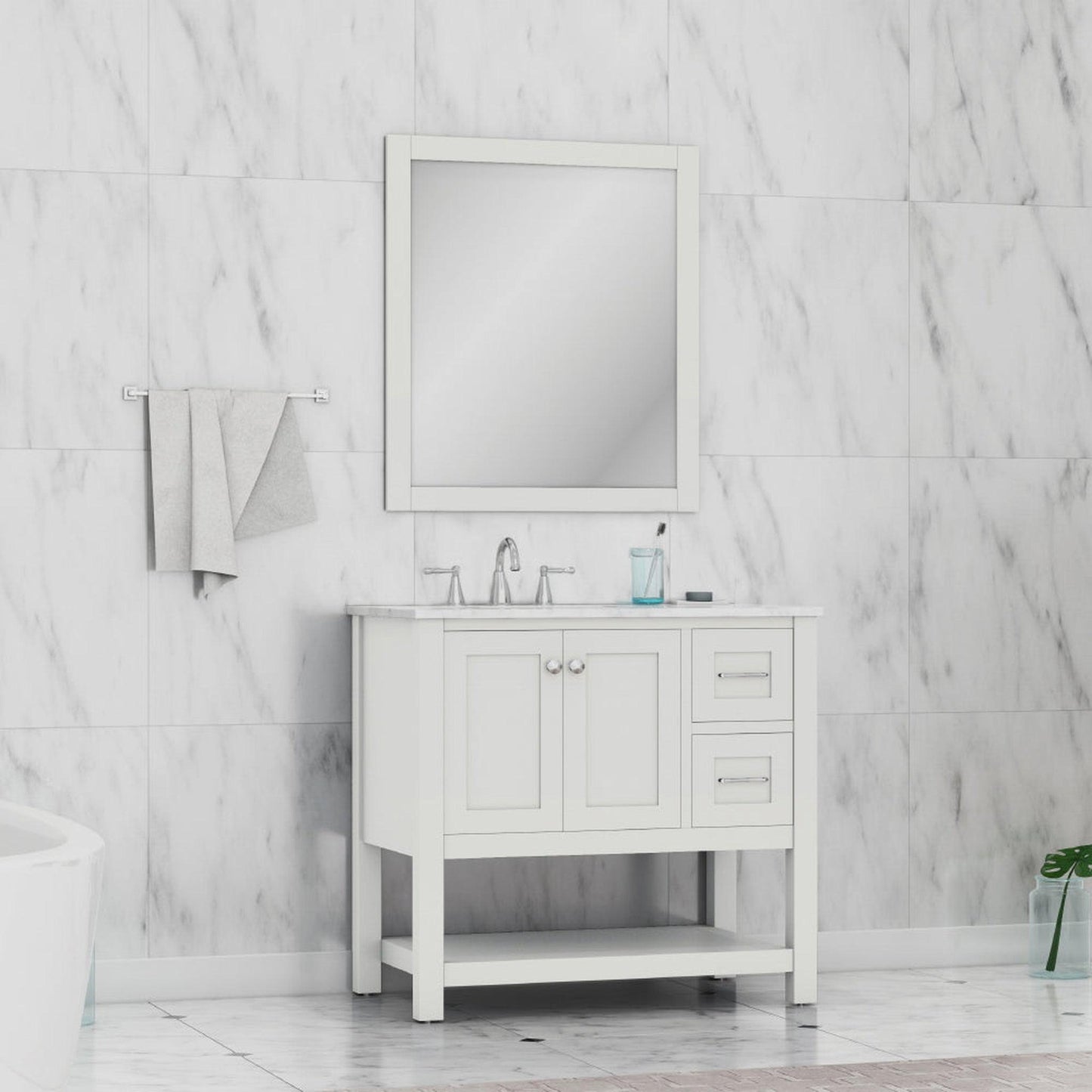 Alya Bath Wilmington 36" Single White Freestanding Bathroom Vanity With Carrara Marble Top, Ceramic Sink and Wall Mounted Mirror
