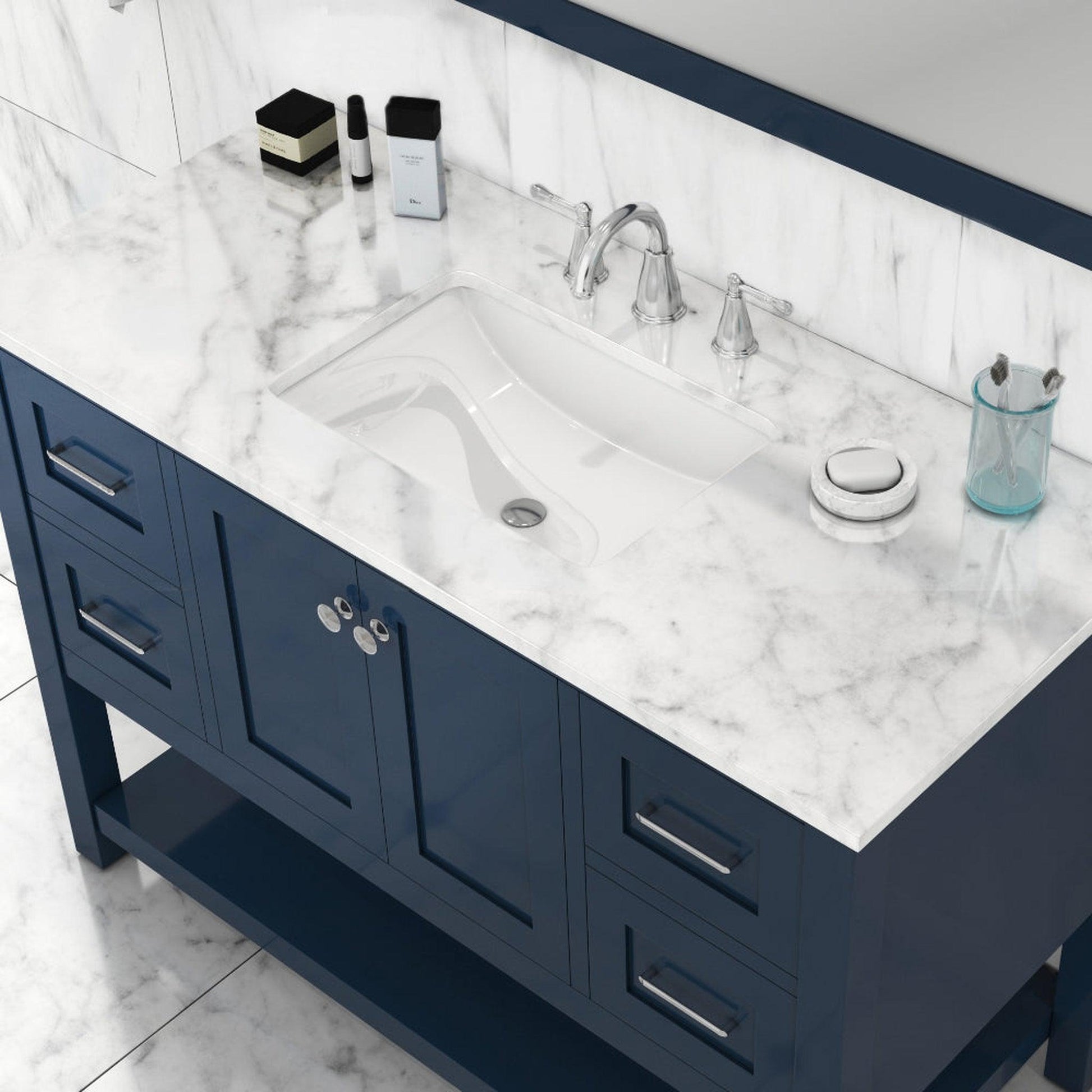 Alya Bath Wilmington 48" Single Blue Freestanding Bathroom Vanity With Carrara Marble Top, Ceramic Sink and Wall Mounted Mirror
