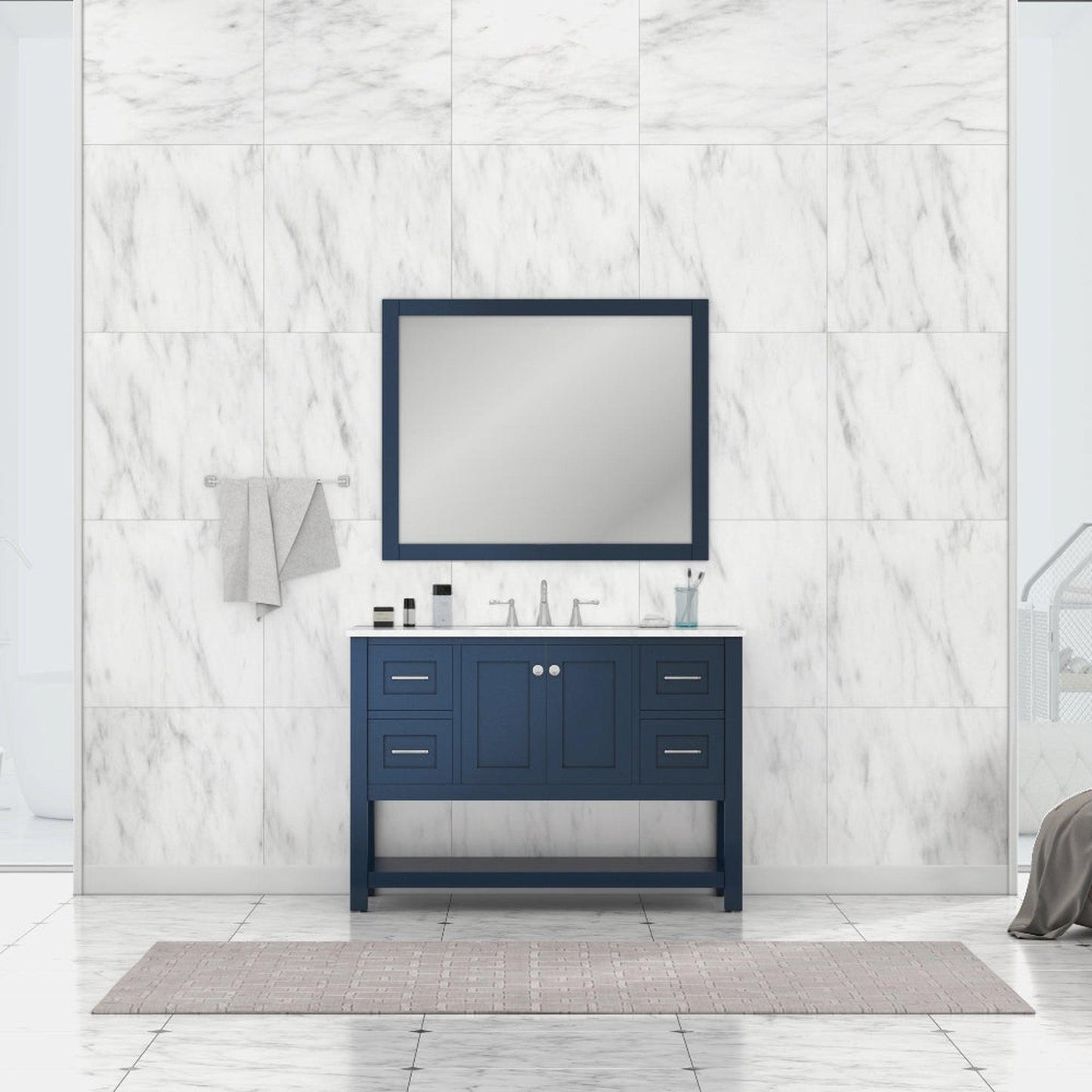 Alya Bath Wilmington 48" Single Blue Freestanding Bathroom Vanity With Carrara Marble Top, Ceramic Sink and Wall Mounted Mirror