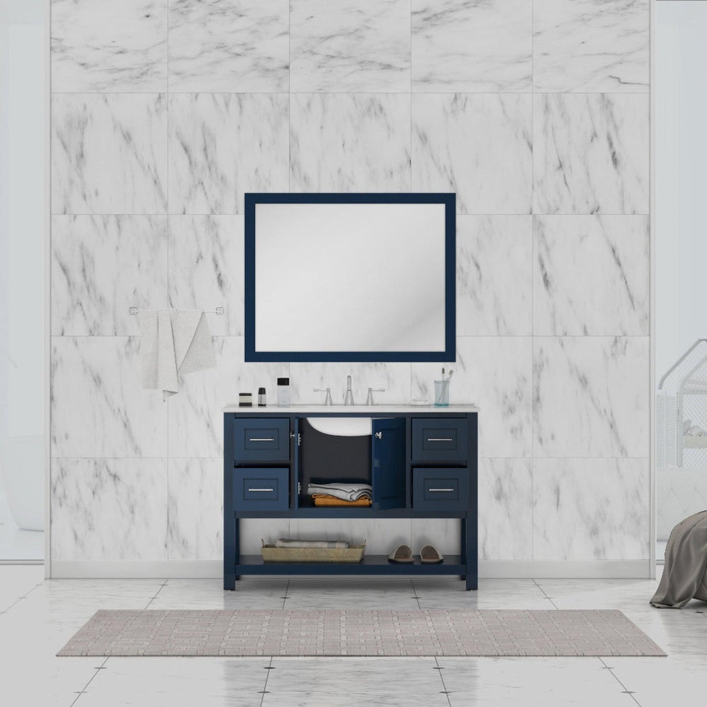 Alya Bath Wilmington 48" Single Blue Freestanding Bathroom Vanity With Carrara Marble Top, Ceramic Sink and Wall Mounted Mirror