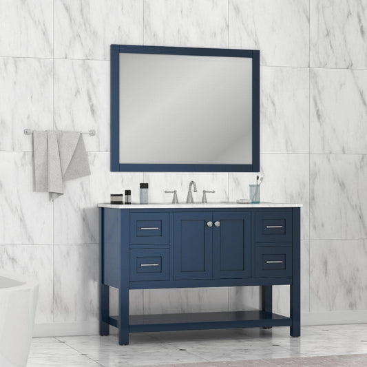 Alya Bath Wilmington 48" Single Blue Freestanding Bathroom Vanity With Carrara Marble Top, Ceramic Sink and Wall Mounted Mirror