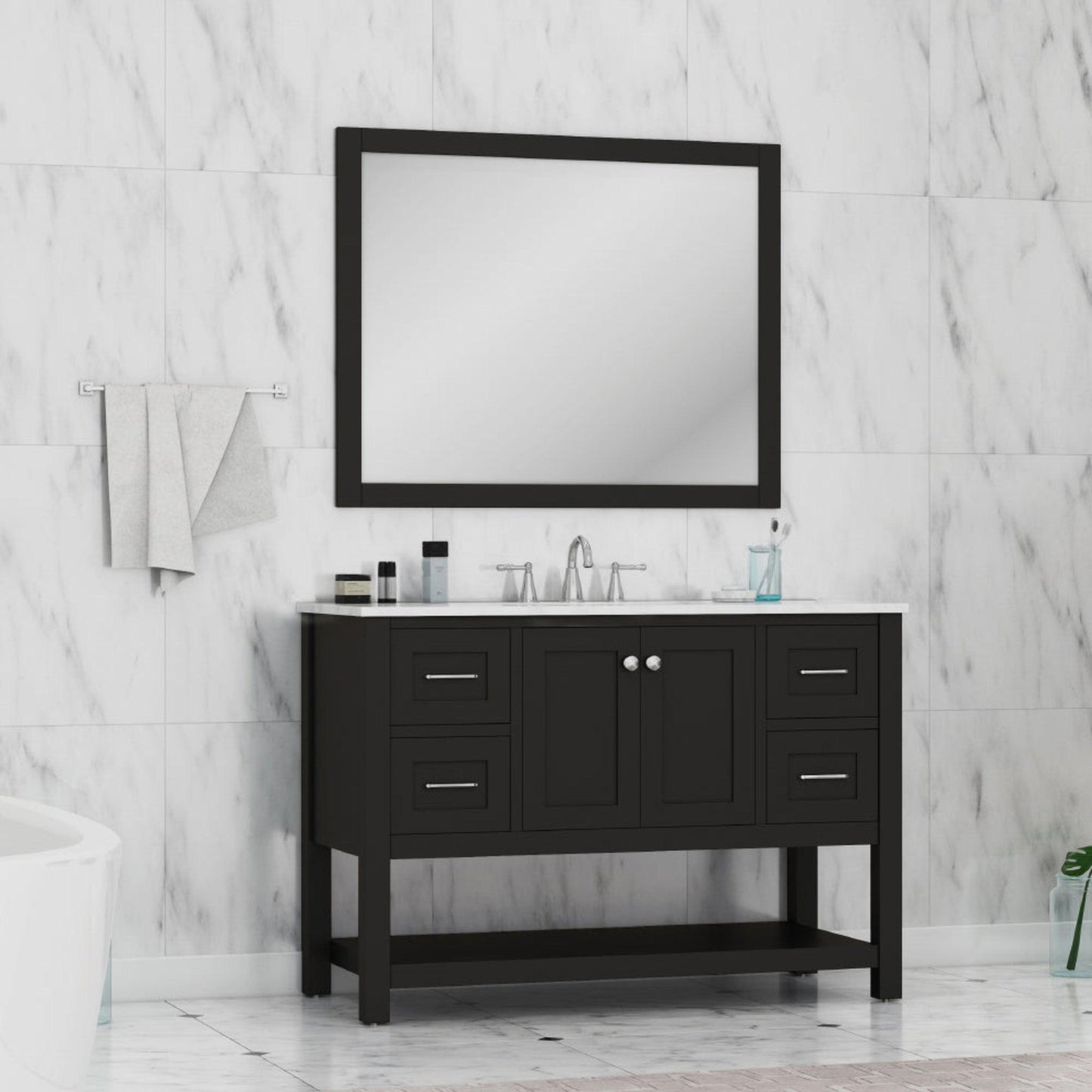 Alya Bath Wilmington 48" Single Espresso Freestanding Bathroom Vanity With Carrara Marble Top, Ceramic Sink and Wall Mounted Mirror