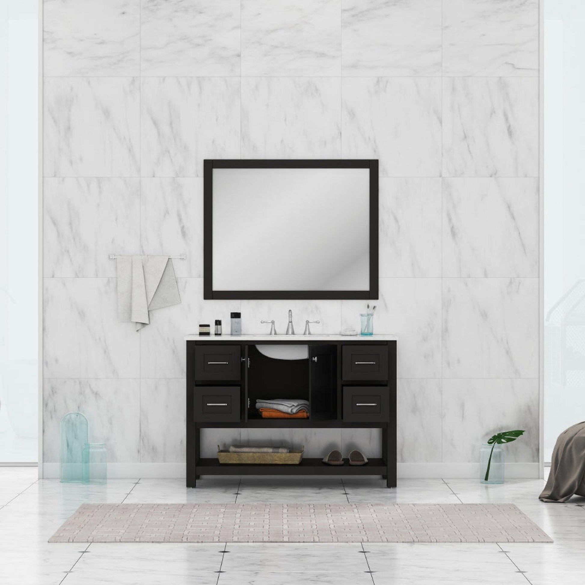 Alya Bath Wilmington 48" Single Espresso Freestanding Bathroom Vanity With Carrara Marble Top, Ceramic Sink and Wall Mounted Mirror