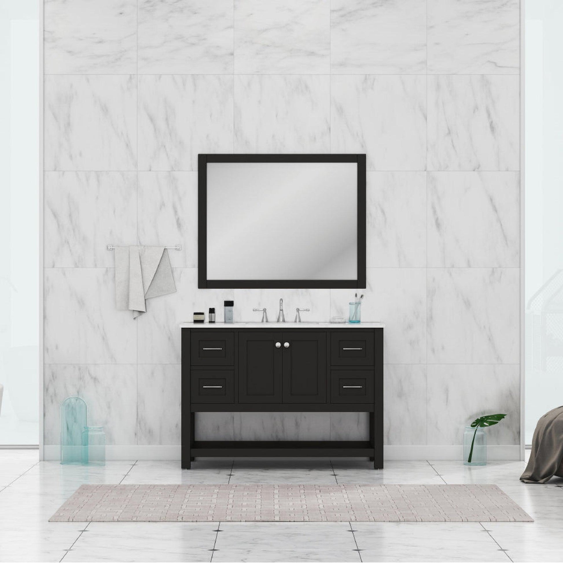 Alya Bath Wilmington 48" Single Espresso Freestanding Bathroom Vanity With Carrara Marble Top, Ceramic Sink and Wall Mounted Mirror