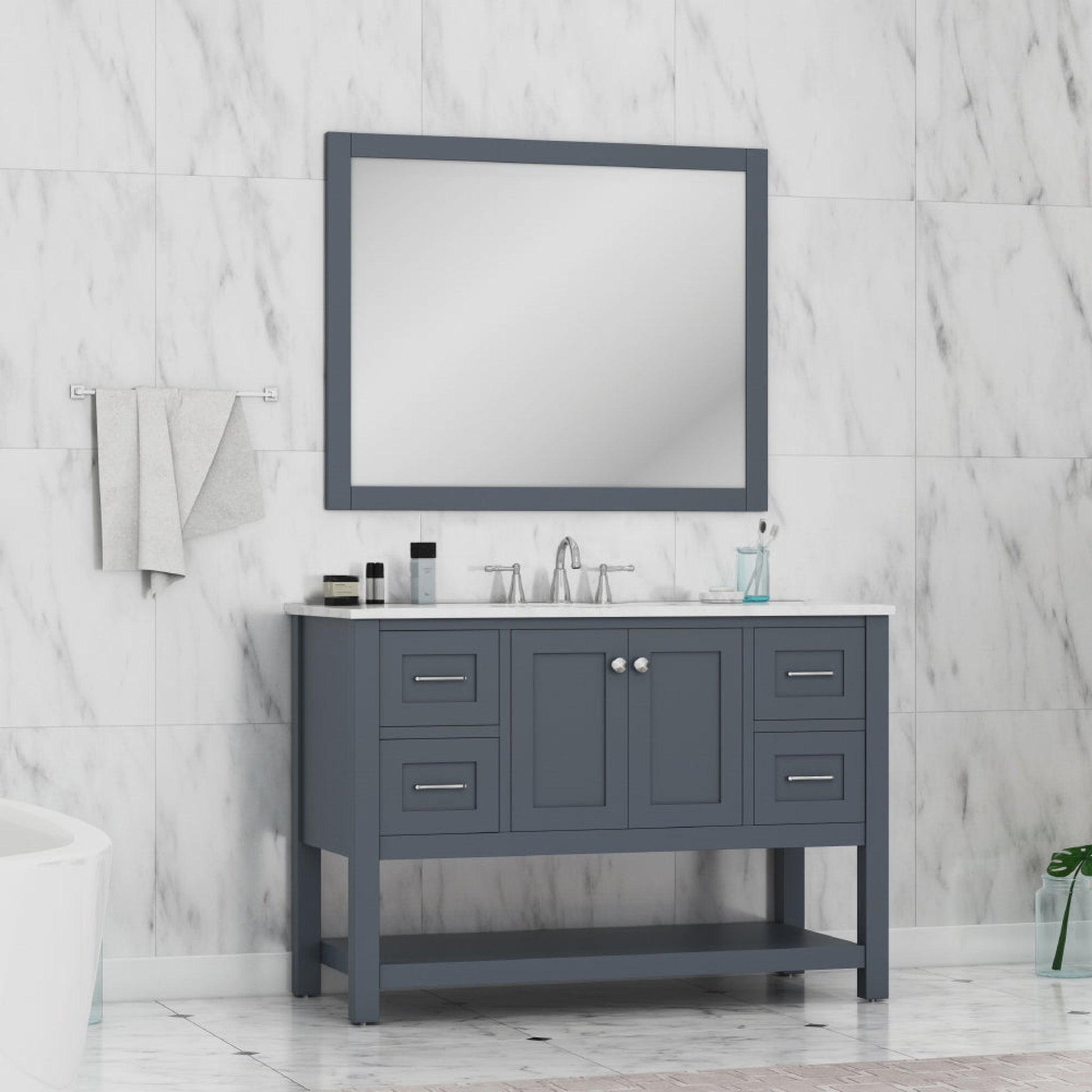 Alya Bath Wilmington 48" Single Gray Freestanding Bathroom Vanity With Carrara Marble Top, Ceramic Sink and Wall Mounted Mirror