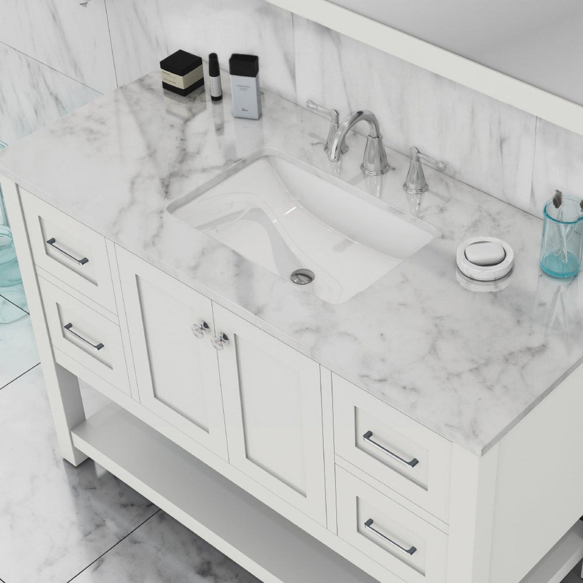 Alya Bath Wilmington 48" Single White Freestanding Bathroom Vanity With Carrara Marble Top, Ceramic Sink and Wall Mounted Mirror