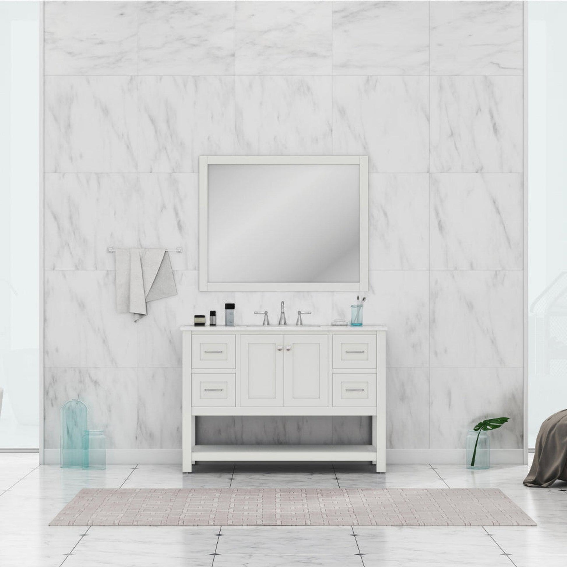 Alya Bath Wilmington 48" Single White Freestanding Bathroom Vanity With Carrara Marble Top, Ceramic Sink and Wall Mounted Mirror