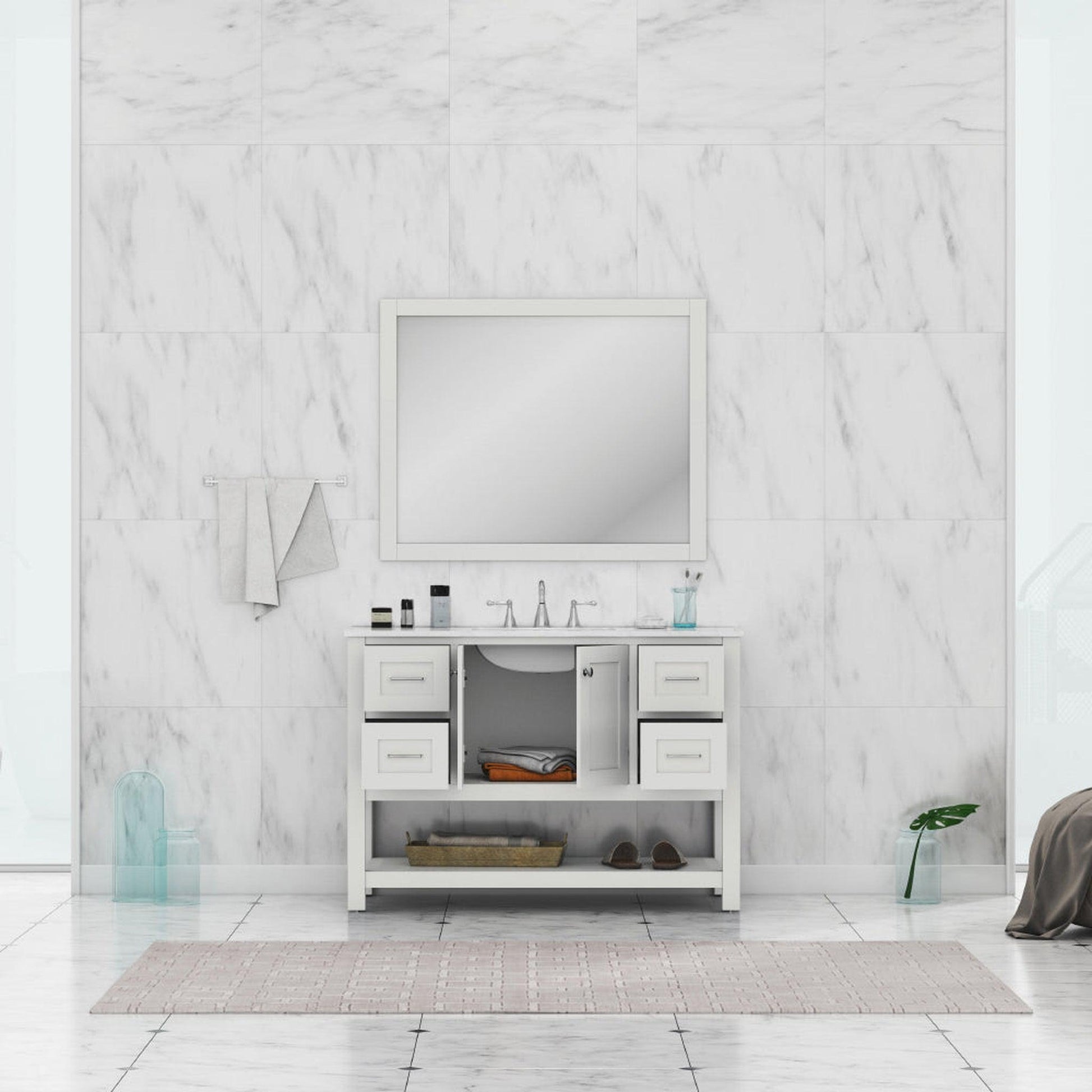 Alya Bath Wilmington 48" Single White Freestanding Bathroom Vanity With Carrara Marble Top, Ceramic Sink and Wall Mounted Mirror