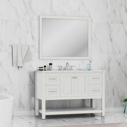 Alya Bath Wilmington 48" Single White Freestanding Bathroom Vanity With Carrara Marble Top, Ceramic Sink and Wall Mounted Mirror