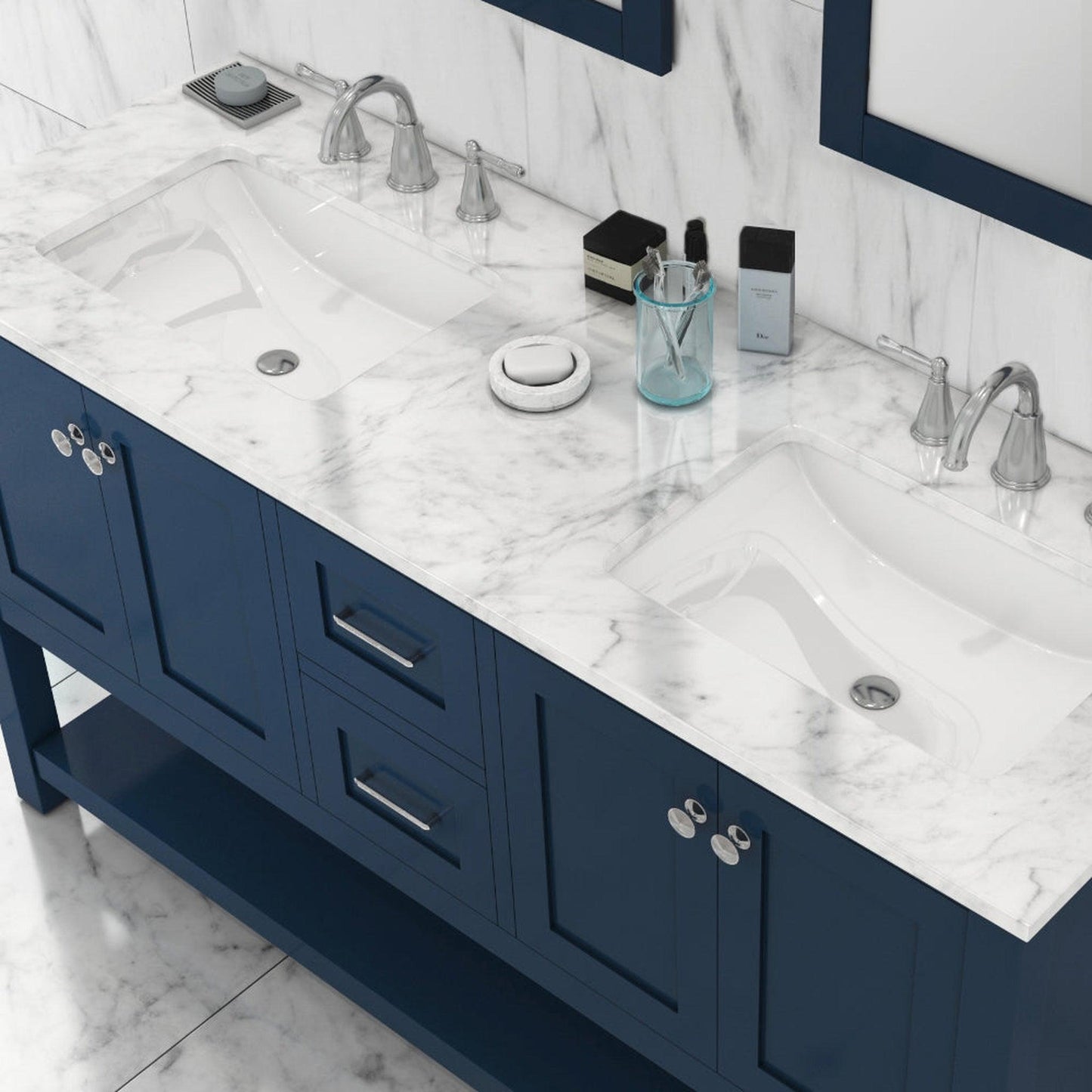 Alya Bath Wilmington 60" Double Blue Freestanding Bathroom Vanity With Carrara Marble Top, Ceramic Sink and Wall Mounted Mirror