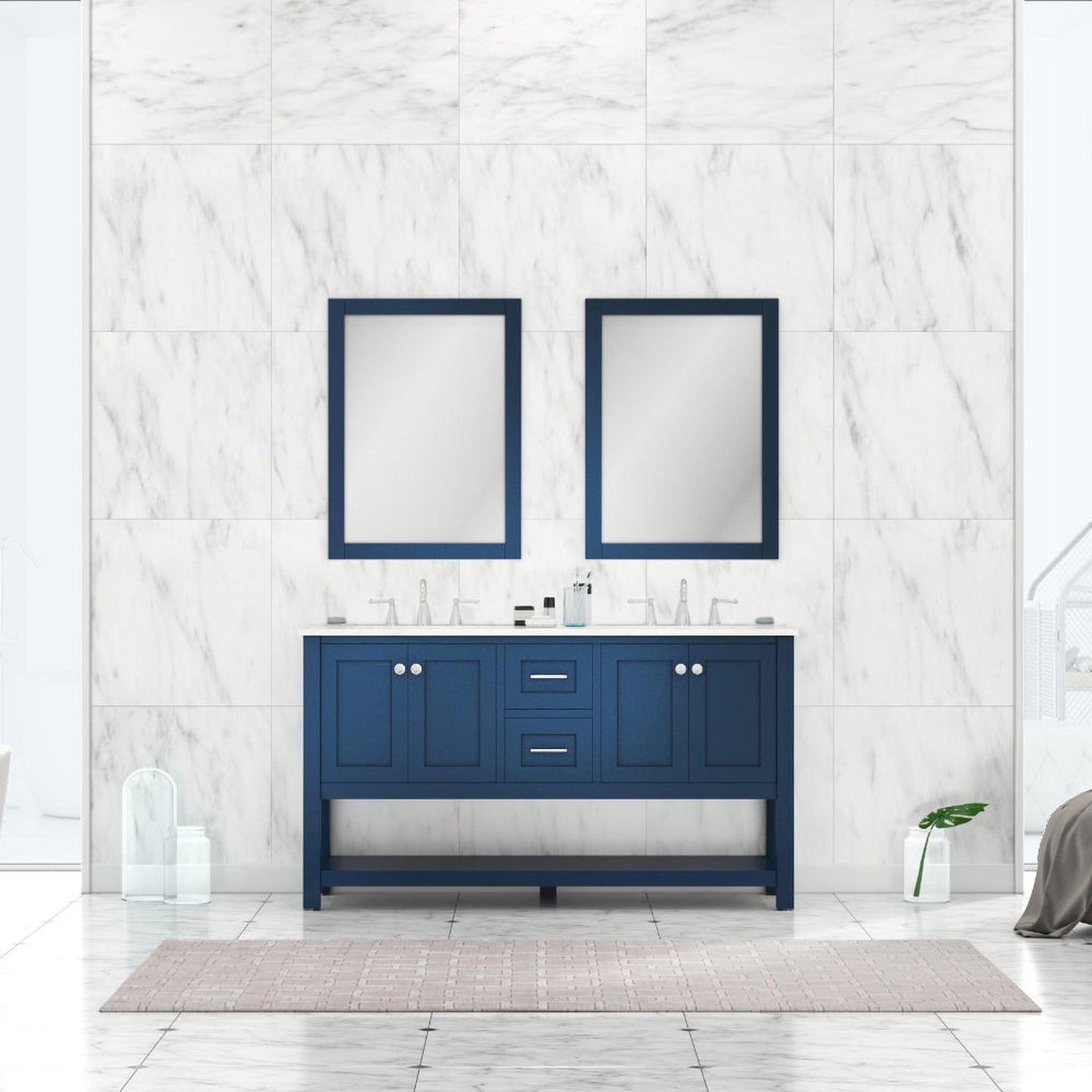 Alya Bath Wilmington 60" Double Blue Freestanding Bathroom Vanity With Carrara Marble Top, Ceramic Sink and Wall Mounted Mirror