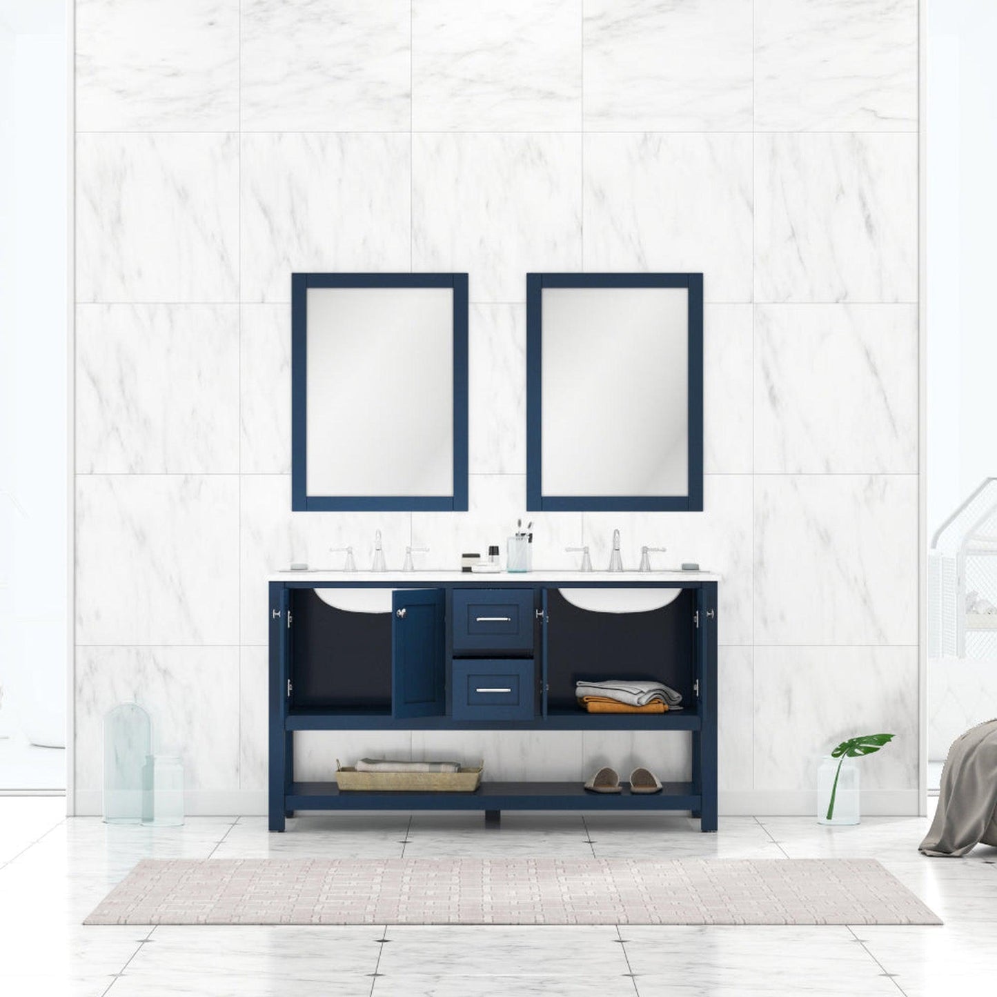 Alya Bath Wilmington 60" Double Blue Freestanding Bathroom Vanity With Carrara Marble Top, Ceramic Sink and Wall Mounted Mirror