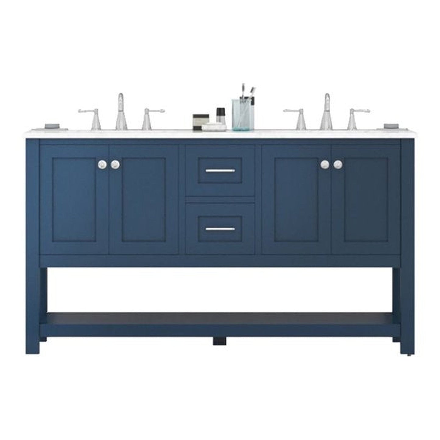 Alya Bath Wilmington 60" Double Blue Freestanding Bathroom Vanity With Carrara Marble Top, Ceramic Sink and Wall Mounted Mirror