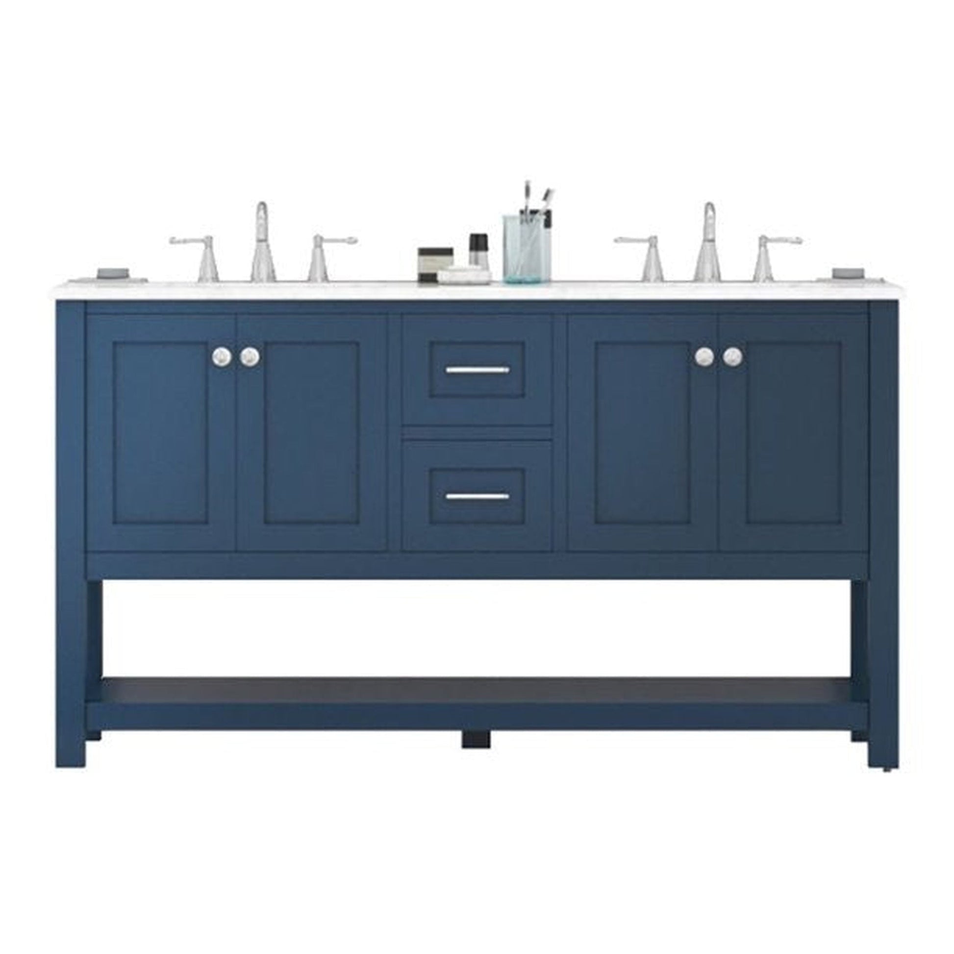 Alya Bath Wilmington 60" Double Blue Freestanding Bathroom Vanity With Carrara Marble Top, Ceramic Sink and Wall Mounted Mirror