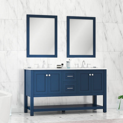 Alya Bath Wilmington 60" Double Blue Freestanding Bathroom Vanity With Carrara Marble Top, Ceramic Sink and Wall Mounted Mirror