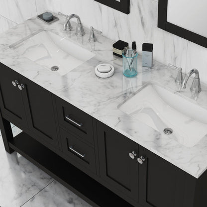 Alya Bath Wilmington 60" Double Espresso Freestanding Bathroom Vanity With Carrara Marble Top, Ceramic Sink and Wall Mounted Mirror