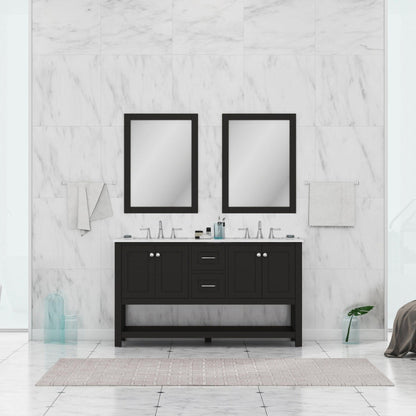 Alya Bath Wilmington 60" Double Espresso Freestanding Bathroom Vanity With Carrara Marble Top, Ceramic Sink and Wall Mounted Mirror