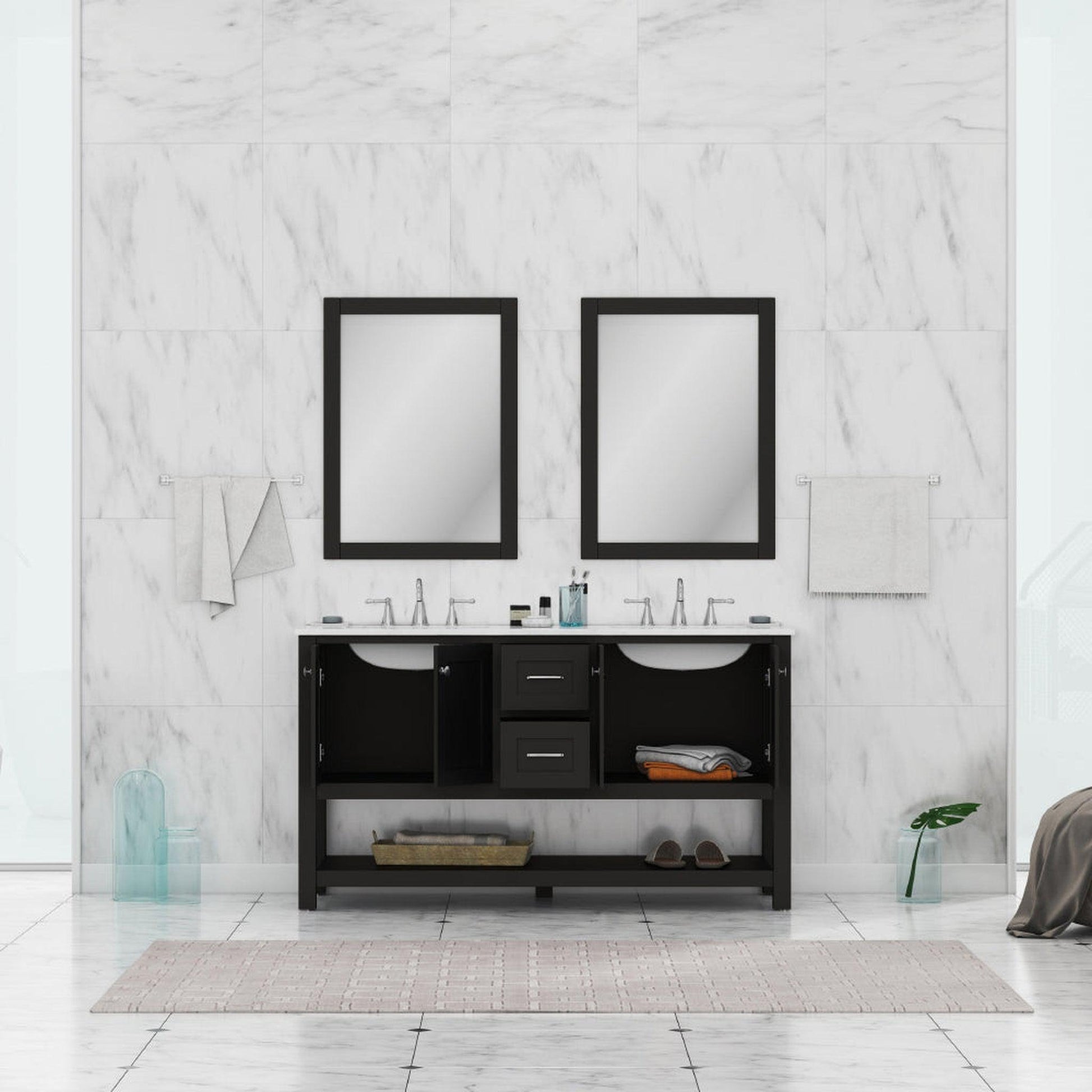 Alya Bath Wilmington 60" Double Espresso Freestanding Bathroom Vanity With Carrara Marble Top, Ceramic Sink and Wall Mounted Mirror