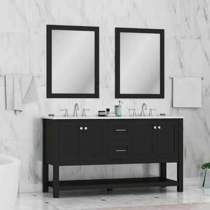 Alya Bath Wilmington 60" Double Espresso Freestanding Bathroom Vanity With Carrara Marble Top, Ceramic Sink and Wall Mounted Mirror