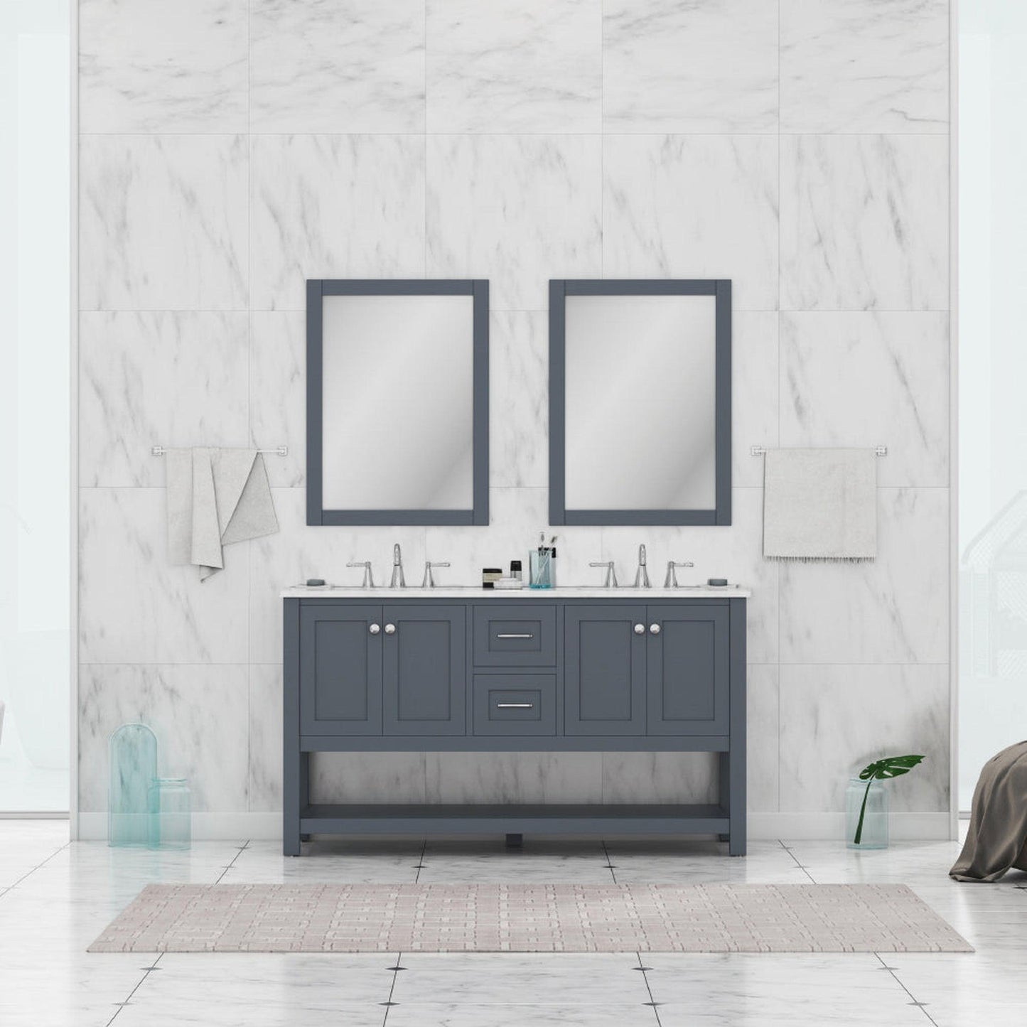 Alya Bath Wilmington 60" Double Gray Freestanding Bathroom Vanity With Carrara Marble Top, Ceramic Sink and Wall Mounted Mirror