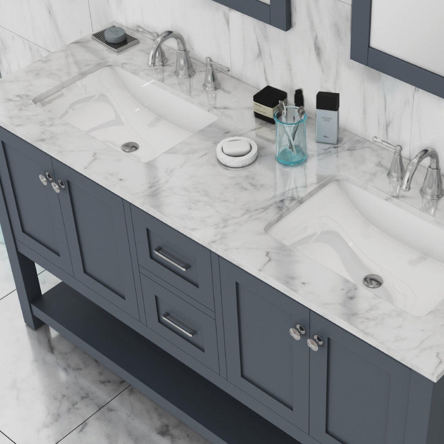 Alya Bath Wilmington 60" Double Gray Freestanding Bathroom Vanity With Carrara Marble Top, Ceramic Sink and Wall Mounted Mirror