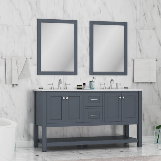 Alya Bath Wilmington 60" Double Gray Freestanding Bathroom Vanity With Carrara Marble Top, Ceramic Sink and Wall Mounted Mirror