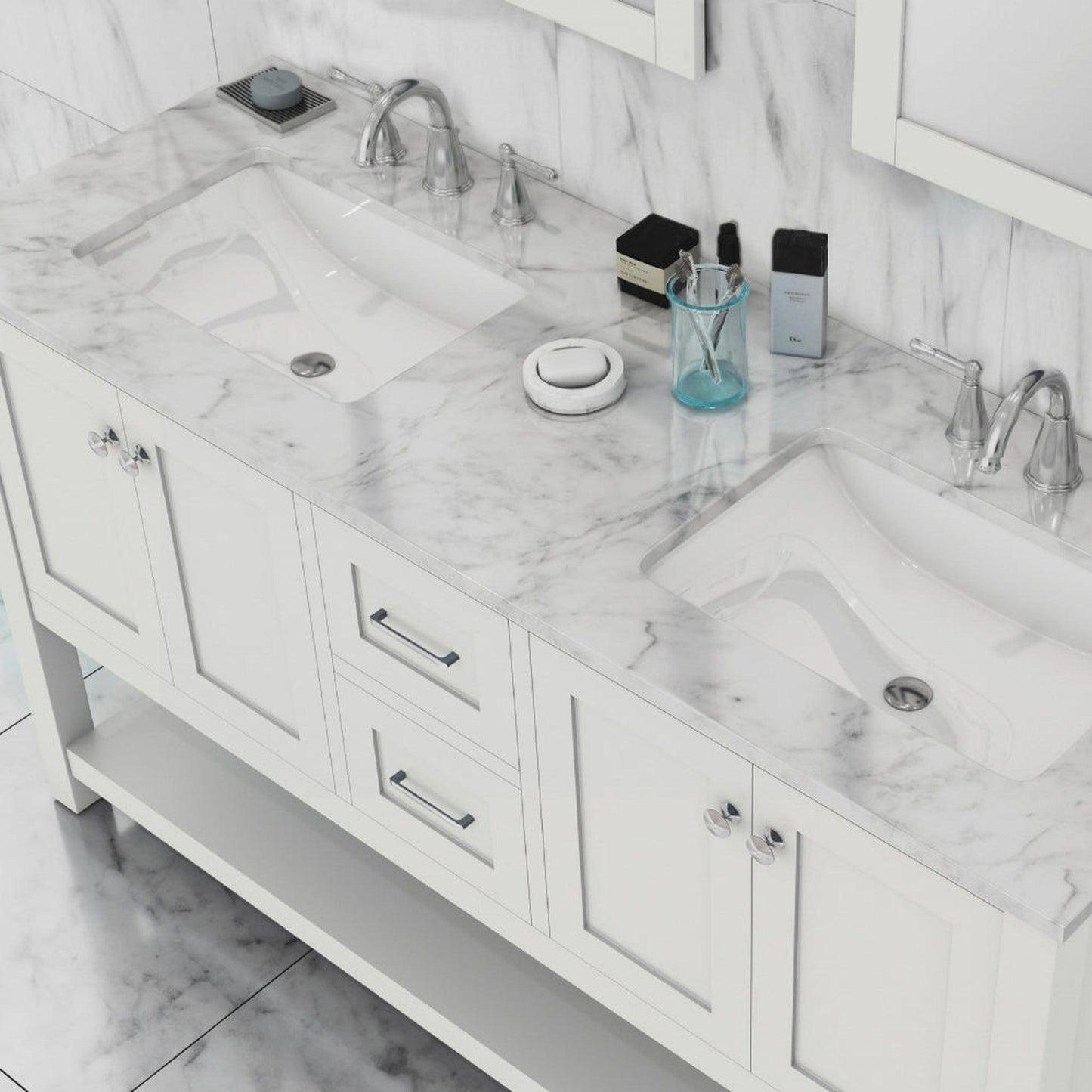 Alya Bath Wilmington 60" Double White Freestanding Bathroom Vanity With Carrara Marble Top, Ceramic Sink and Wall Mounted Mirror