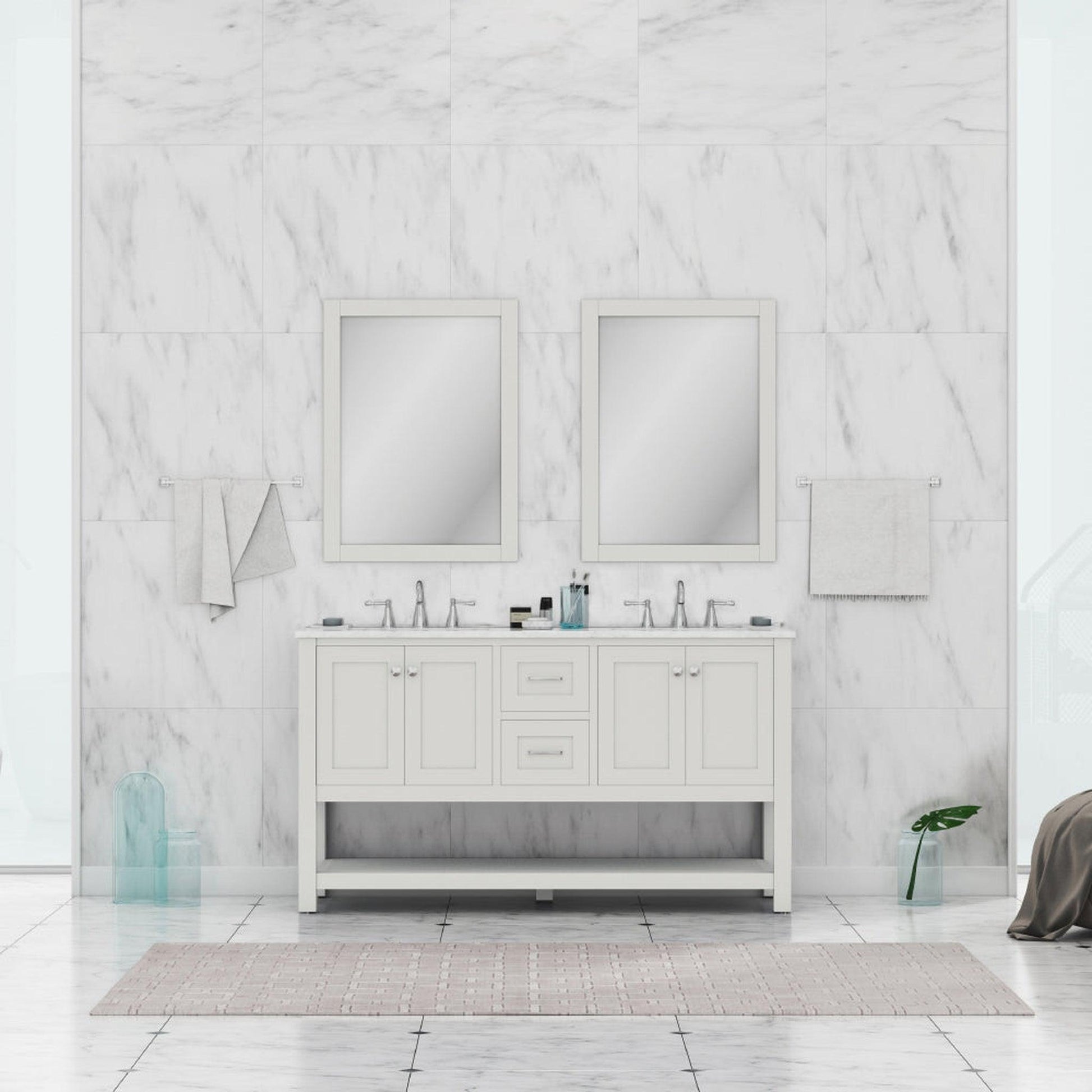 Alya Bath Wilmington 60" Double White Freestanding Bathroom Vanity With Carrara Marble Top, Ceramic Sink and Wall Mounted Mirror