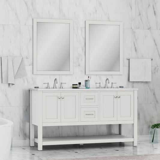 Alya Bath Wilmington 60" Double White Freestanding Bathroom Vanity With Carrara Marble Top, Ceramic Sink and Wall Mounted Mirror