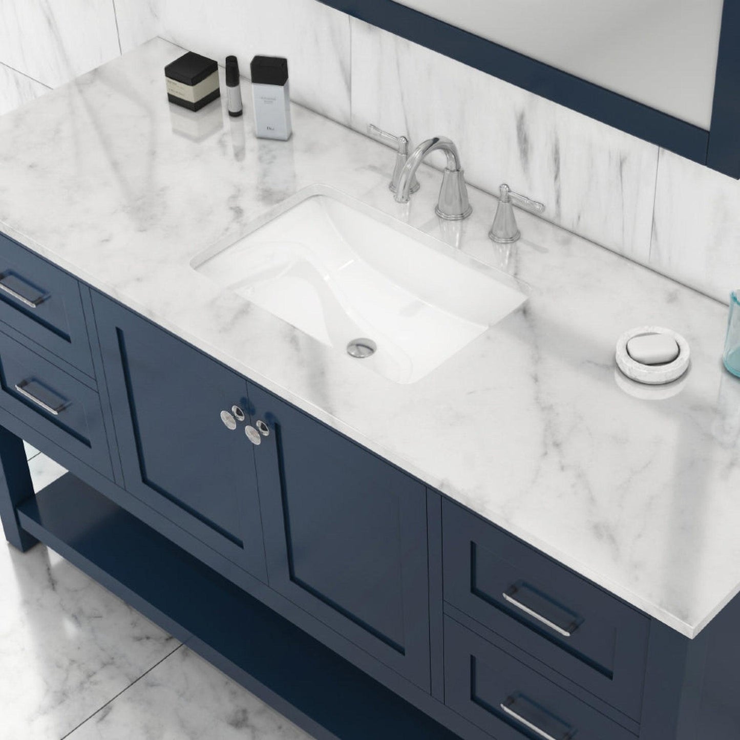 Alya Bath Wilmington 60" Single Blue Freestanding Bathroom Vanity With Carrara Marble Top, Ceramic Sink and Wall Mounted Mirror