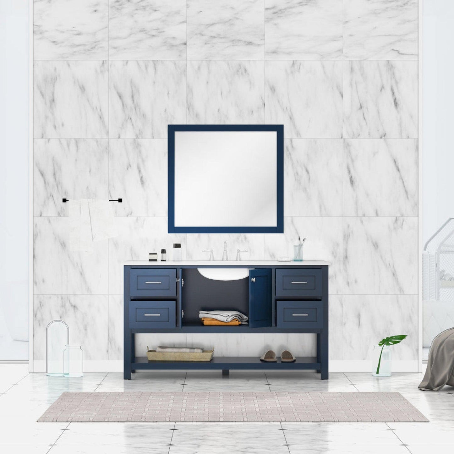 Alya Bath Wilmington 60" Single Blue Freestanding Bathroom Vanity With Carrara Marble Top, Ceramic Sink and Wall Mounted Mirror