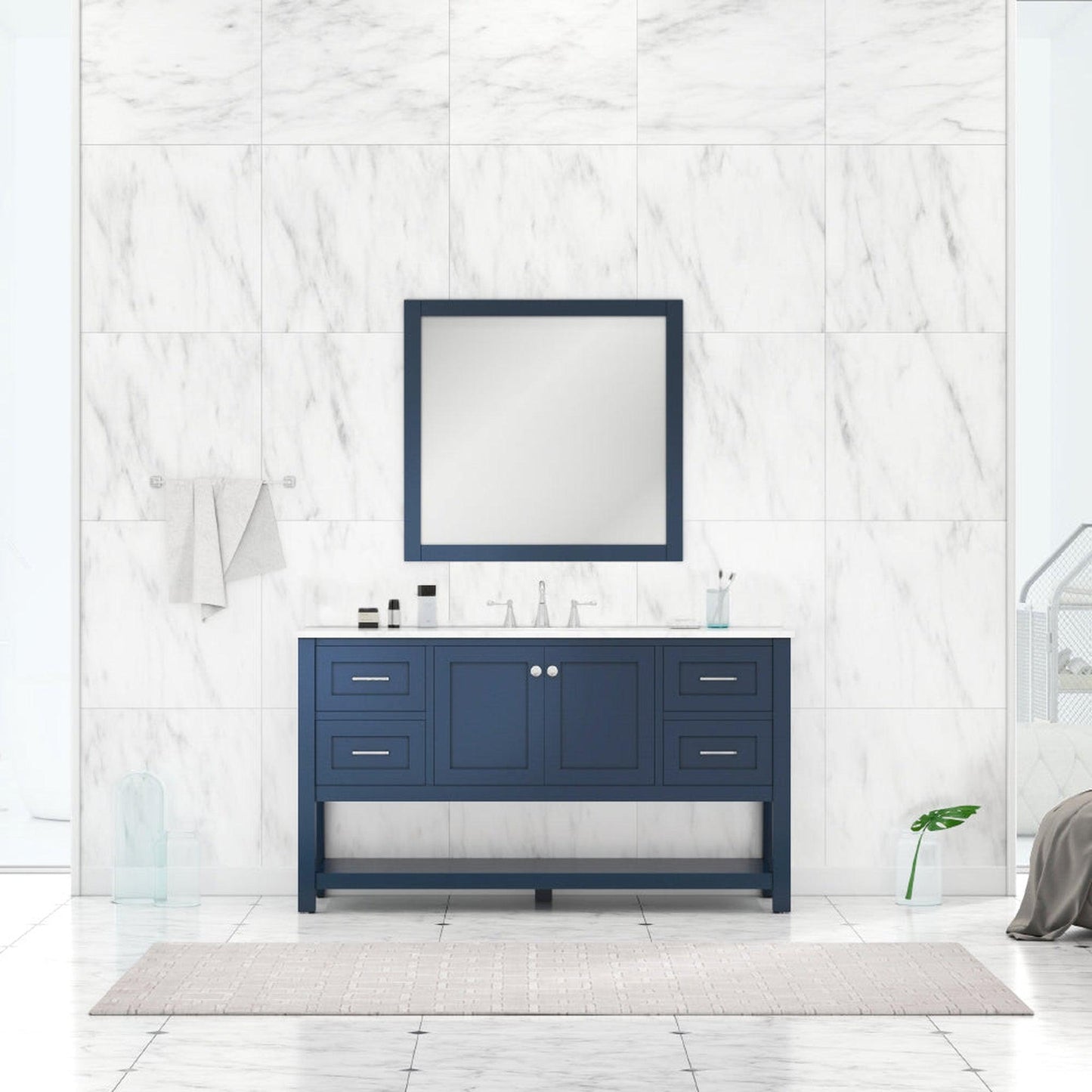 Alya Bath Wilmington 60" Single Blue Freestanding Bathroom Vanity With Carrara Marble Top, Ceramic Sink and Wall Mounted Mirror