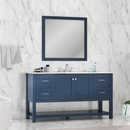 Alya Bath Wilmington 60" Single Blue Freestanding Bathroom Vanity With Carrara Marble Top, Ceramic Sink and Wall Mounted Mirror