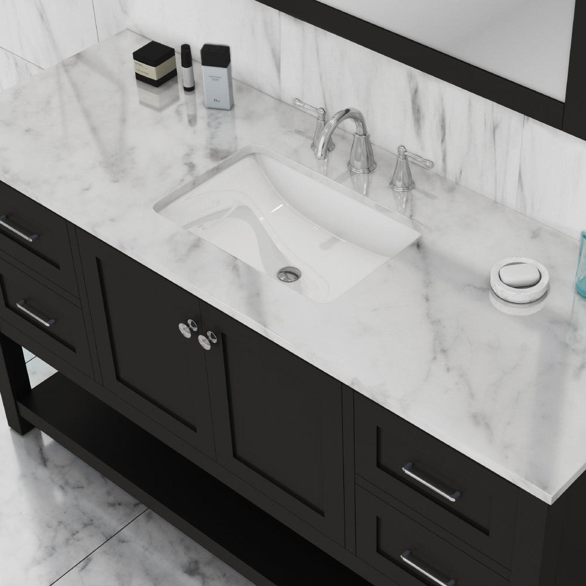 Alya Bath Wilmington 60" Single Espresso Freestanding Bathroom Vanity With Carrara Marble Top, Ceramic Sink and Wall Mounted Mirror