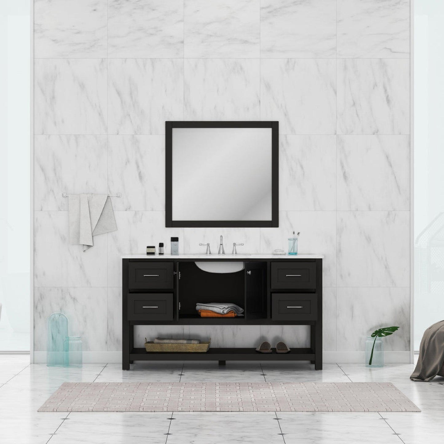 Alya Bath Wilmington 60" Single Espresso Freestanding Bathroom Vanity With Carrara Marble Top, Ceramic Sink and Wall Mounted Mirror