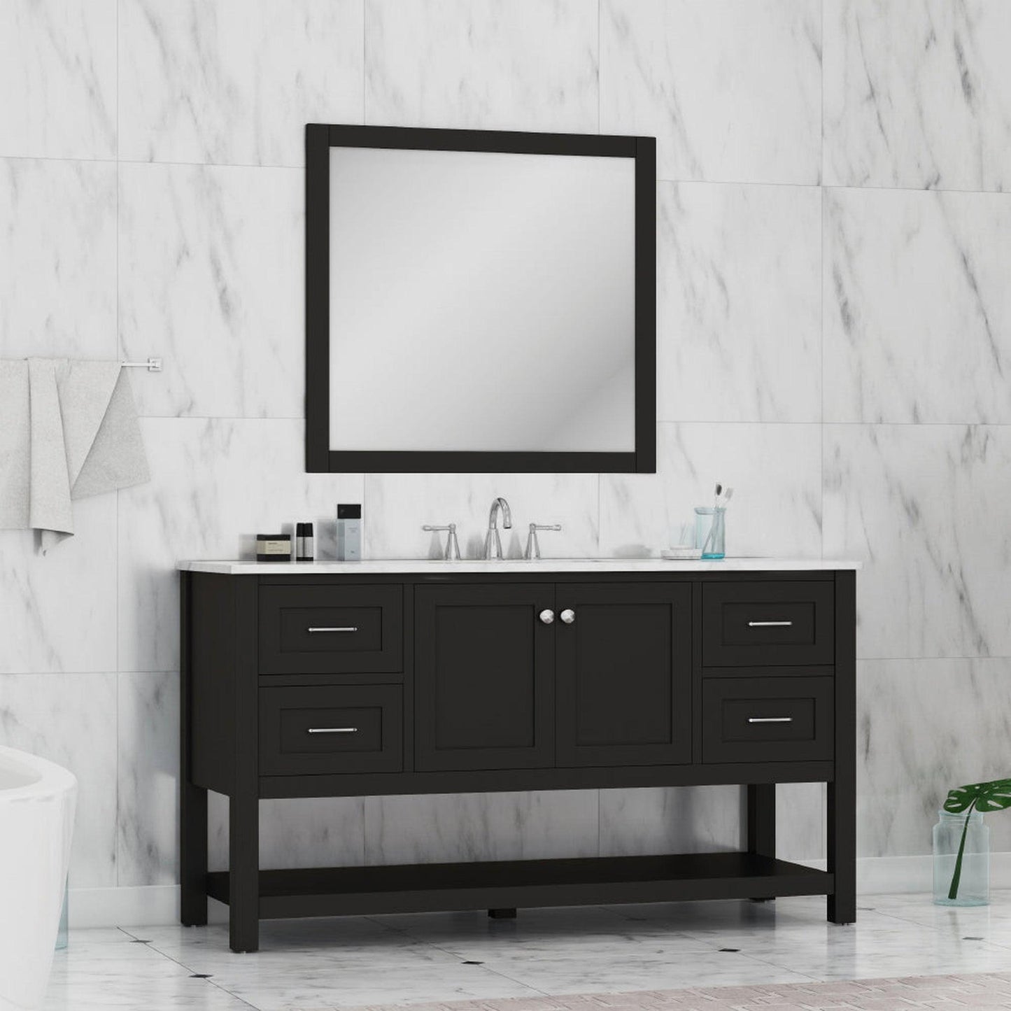 Alya Bath Wilmington 60" Single Espresso Freestanding Bathroom Vanity With Carrara Marble Top, Ceramic Sink and Wall Mounted Mirror