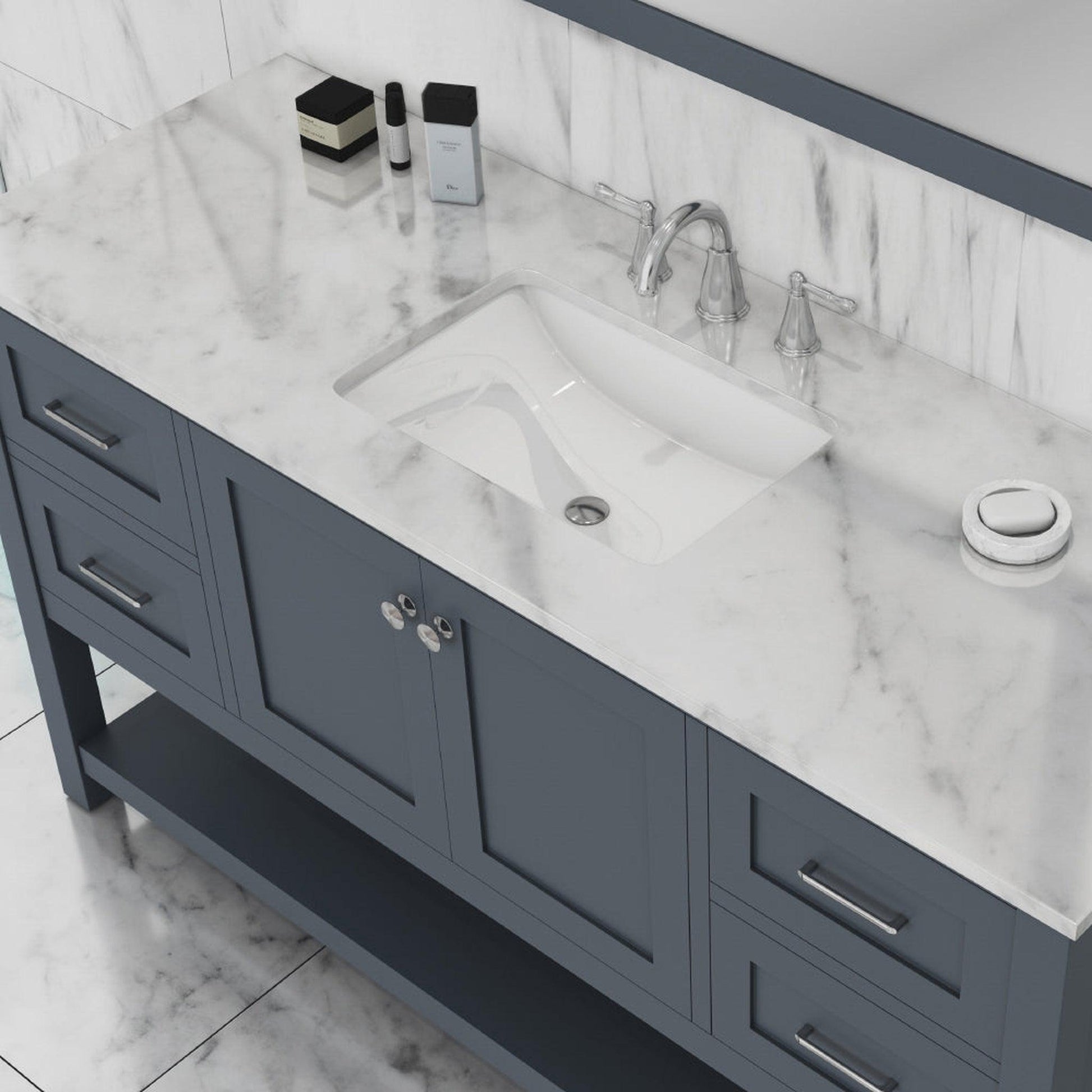 Alya Bath Wilmington 60" Single Gray Freestanding Bathroom Vanity With Carrara Marble Top, Ceramic Sink and Wall Mounted Mirror