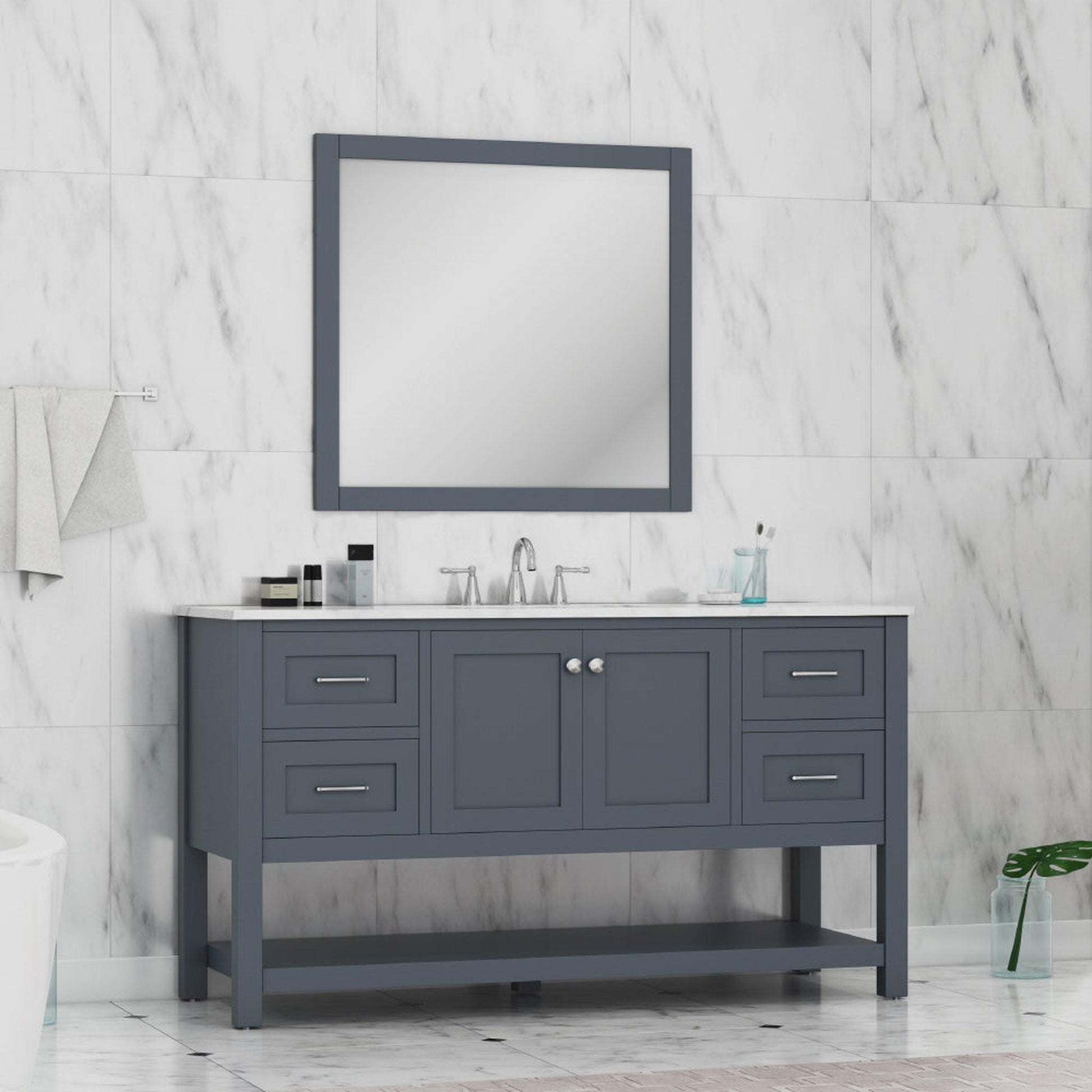 Alya Bath Wilmington 60" Single Gray Freestanding Bathroom Vanity With Carrara Marble Top, Ceramic Sink and Wall Mounted Mirror