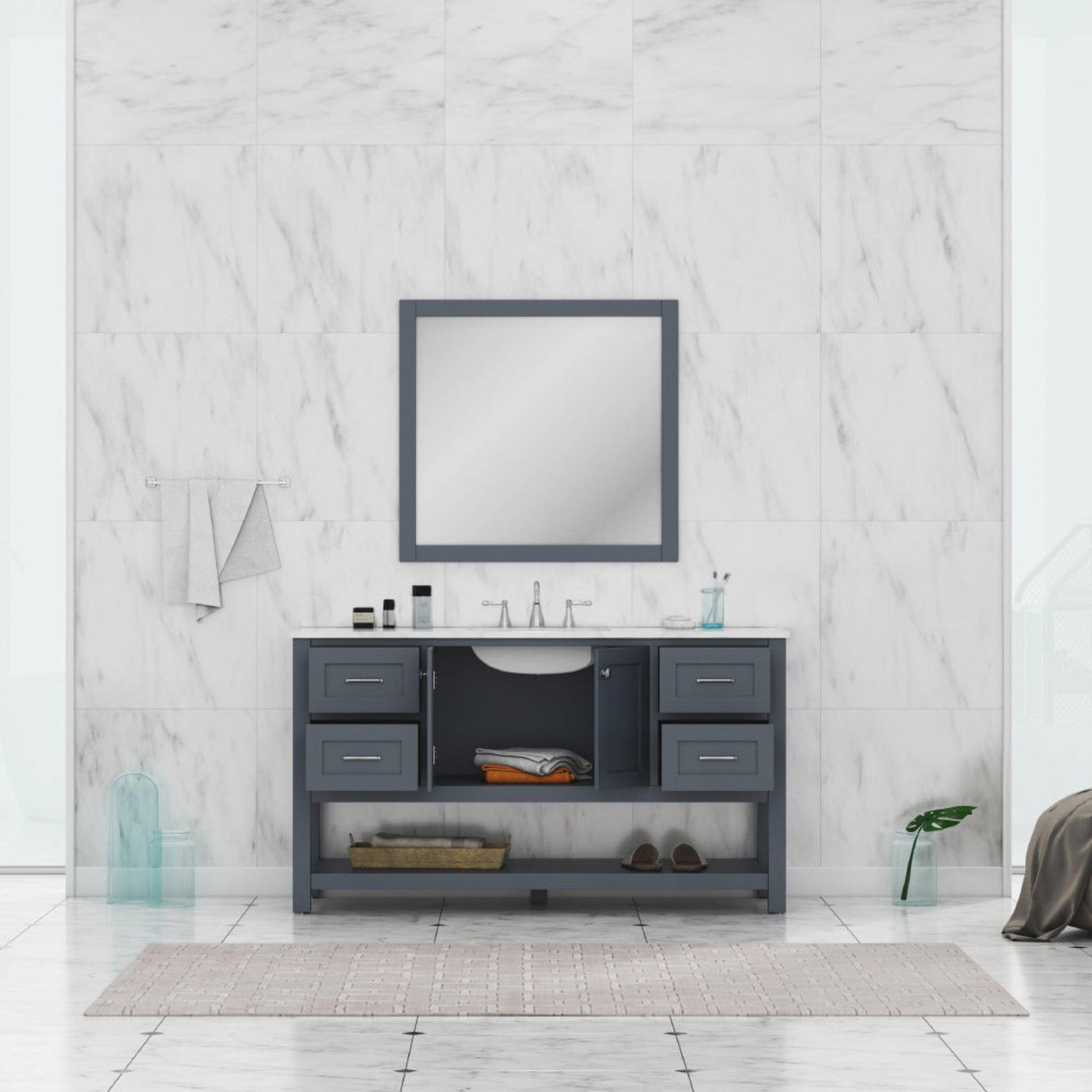 Alya Bath Wilmington 60" Single Gray Freestanding Bathroom Vanity With Carrara Marble Top, Ceramic Sink and Wall Mounted Mirror