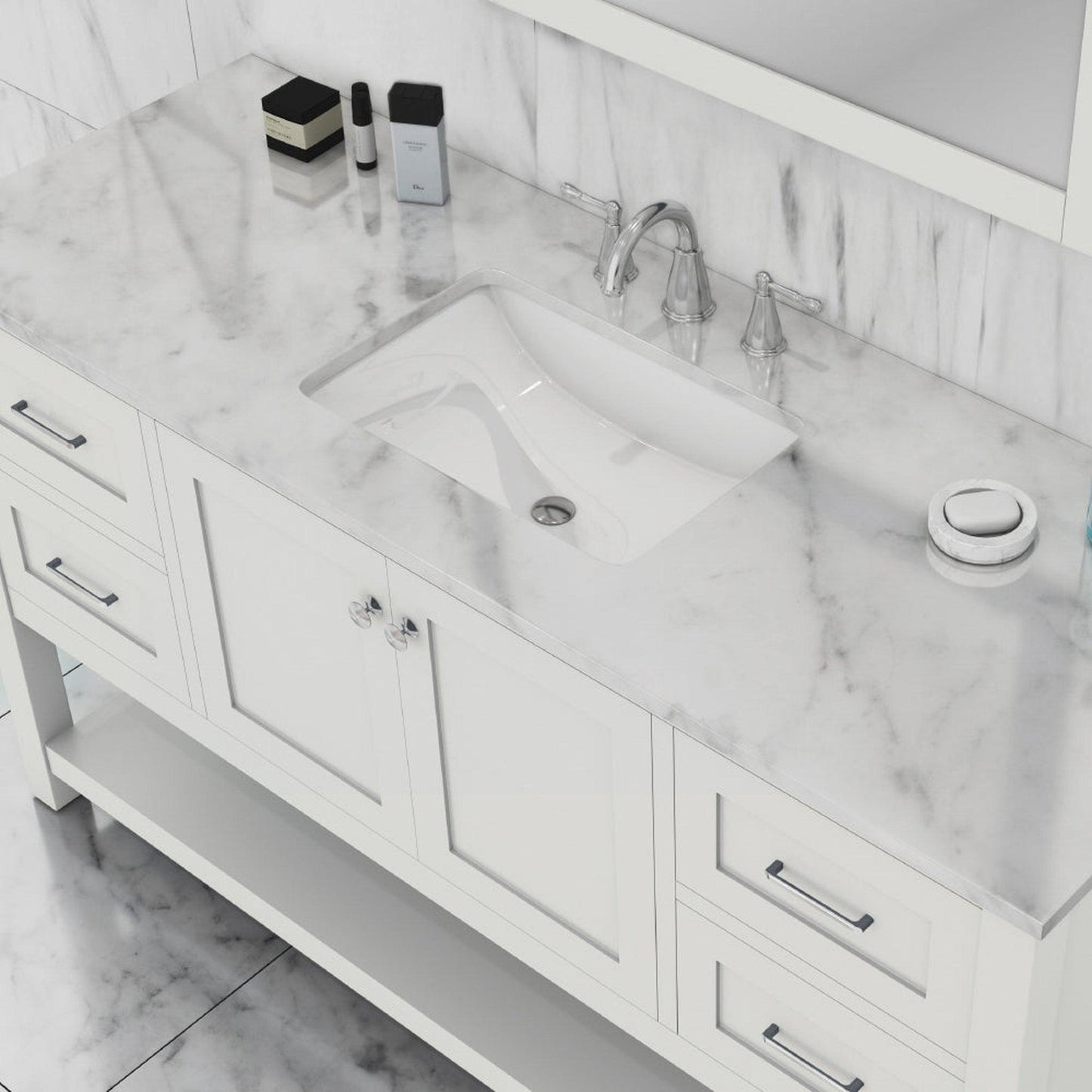 Alya Bath Wilmington 60" Single White Freestanding Bathroom Vanity With Carrara Marble Top, Ceramic Sink and Wall Mounted Mirror