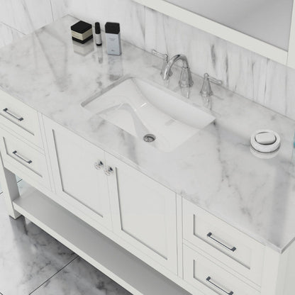 Alya Bath Wilmington 60" Single White Freestanding Bathroom Vanity With Carrara Marble Top, Ceramic Sink and Wall Mounted Mirror