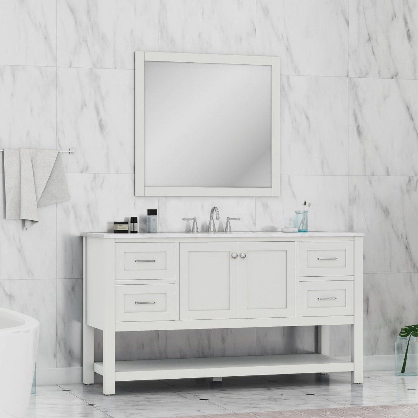 Alya Bath Wilmington 60" Single White Freestanding Bathroom Vanity With Carrara Marble Top, Ceramic Sink and Wall Mounted Mirror