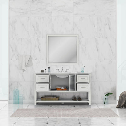 Alya Bath Wilmington 60" Single White Freestanding Bathroom Vanity With Carrara Marble Top, Ceramic Sink and Wall Mounted Mirror