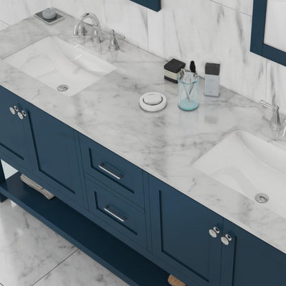 Alya Bath Wilmington 72" Double Blue Freestanding Bathroom Vanity With Carrara Marble Top, Ceramic Sink and Wall Mounted Mirror