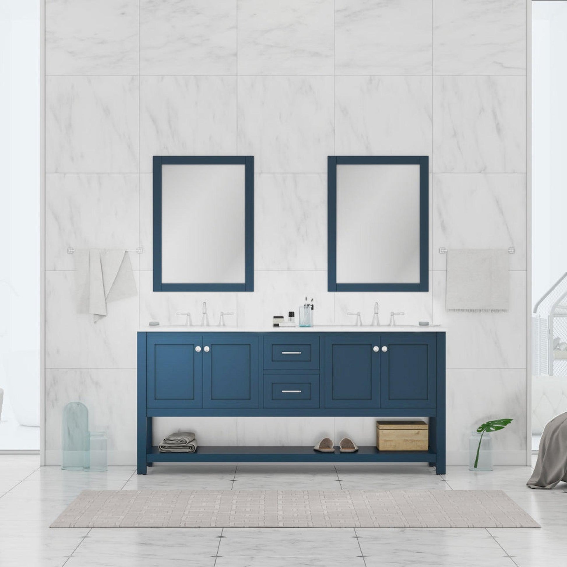 Alya Bath Wilmington 72" Double Blue Freestanding Bathroom Vanity With Carrara Marble Top, Ceramic Sink and Wall Mounted Mirror