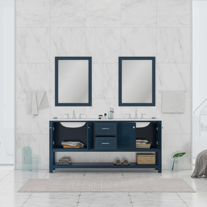 Alya Bath Wilmington 72" Double Blue Freestanding Bathroom Vanity With Carrara Marble Top, Ceramic Sink and Wall Mounted Mirror